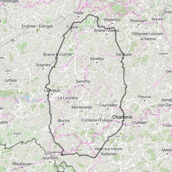 Map miniature of "The Hilltop Adventure" cycling inspiration in Prov. Hainaut, Belgium. Generated by Tarmacs.app cycling route planner