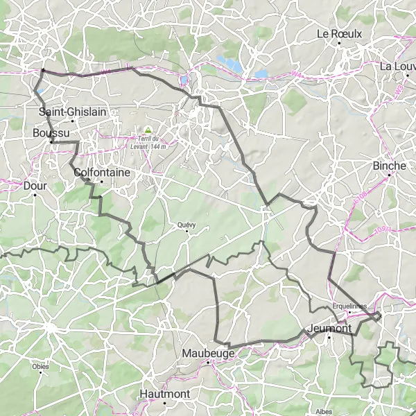 Miniature de la carte de l'inspiration cycliste "La grande boucle de Hainaut" dans la Prov. Hainaut, Belgium. Générée par le planificateur d'itinéraire cycliste Tarmacs.app
