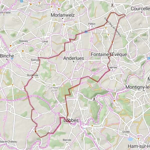 Miniature de la carte de l'inspiration cycliste "Tour des villages autour de Lobbes" dans la Prov. Hainaut, Belgium. Générée par le planificateur d'itinéraire cycliste Tarmacs.app