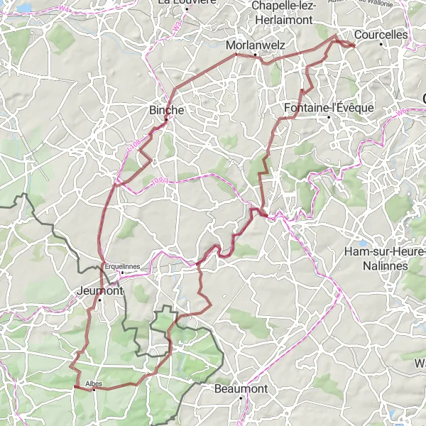 Map miniature of "Gravel Adventure via Binche and Terril du Bois des Vallées" cycling inspiration in Prov. Hainaut, Belgium. Generated by Tarmacs.app cycling route planner