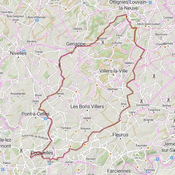 Karten-Miniaturansicht der Radinspiration "Abenteuerliche 79 km Gravelroute durch Courcelles und Court-Saint-Etienne" in Prov. Hainaut, Belgium. Erstellt vom Tarmacs.app-Routenplaner für Radtouren