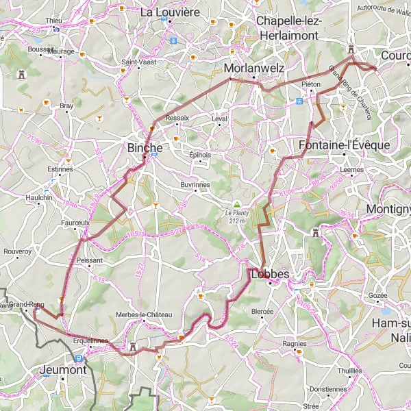 Miniatuurkaart van de fietsinspiratie "Avontuurlijke gravelroute vanuit Souvret naar Binche" in Prov. Hainaut, Belgium. Gemaakt door de Tarmacs.app fietsrouteplanner