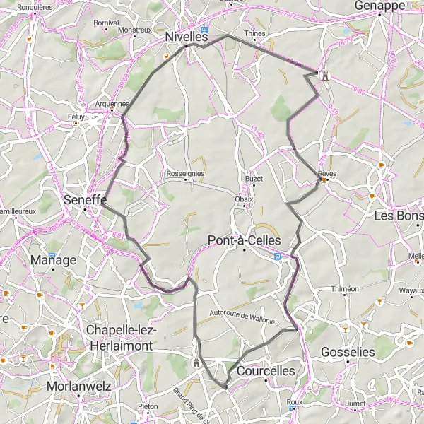 Miniature de la carte de l'inspiration cycliste "Circuit de Trazegnies et environs" dans la Prov. Hainaut, Belgium. Générée par le planificateur d'itinéraire cycliste Tarmacs.app