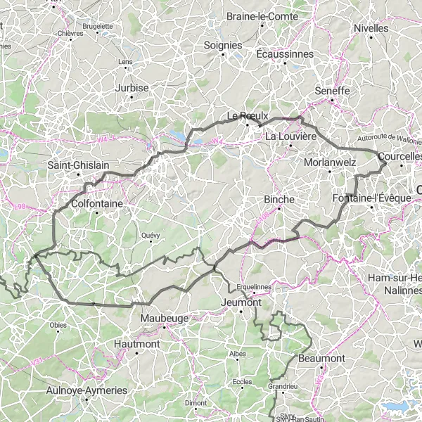 Miniatuurkaart van de fietsinspiratie "Uitdagende fietsroute door het prachtige Hainaut" in Prov. Hainaut, Belgium. Gemaakt door de Tarmacs.app fietsrouteplanner