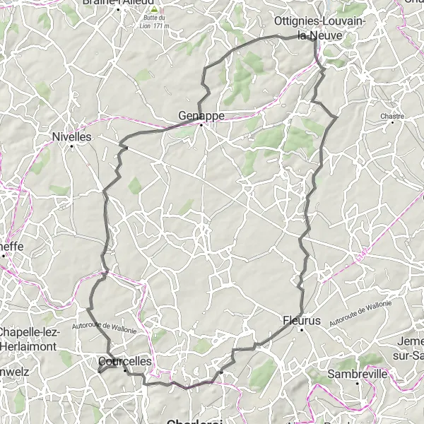 Miniatuurkaart van de fietsinspiratie "Rondrit vanuit Souvret via Pont-à-Celles" in Prov. Hainaut, Belgium. Gemaakt door de Tarmacs.app fietsrouteplanner