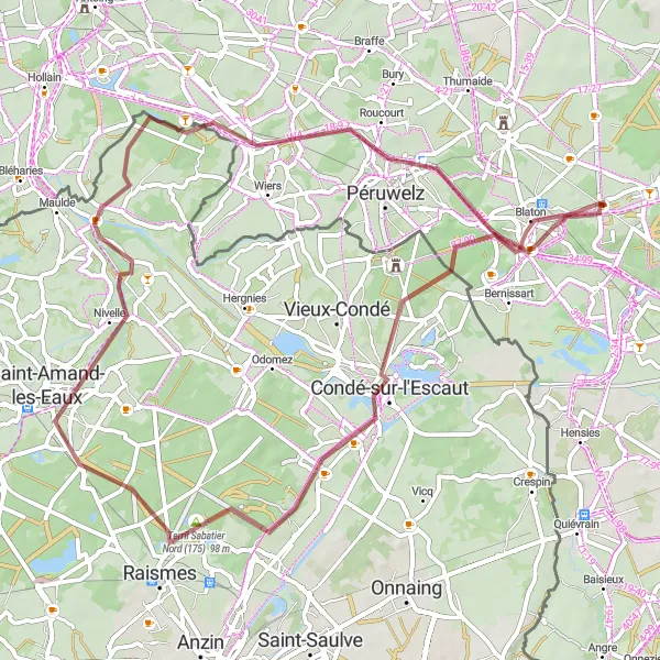 Map miniature of "Gravel Route near Stambruges" cycling inspiration in Prov. Hainaut, Belgium. Generated by Tarmacs.app cycling route planner
