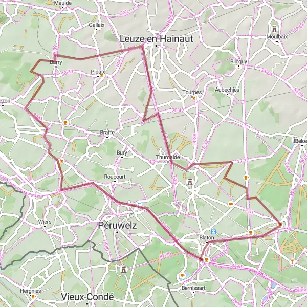 Miniature de la carte de l'inspiration cycliste "Le Parcours des Vallées et Terrils - Route de gravier" dans la Prov. Hainaut, Belgium. Générée par le planificateur d'itinéraire cycliste Tarmacs.app