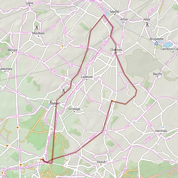 Miniatuurkaart van de fietsinspiratie "Gravelroute rond Stambruges" in Prov. Hainaut, Belgium. Gemaakt door de Tarmacs.app fietsrouteplanner