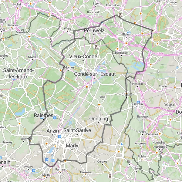 Miniature de la carte de l'inspiration cycliste "Le Tour des Villages de Hainaut - Route sur route" dans la Prov. Hainaut, Belgium. Générée par le planificateur d'itinéraire cycliste Tarmacs.app