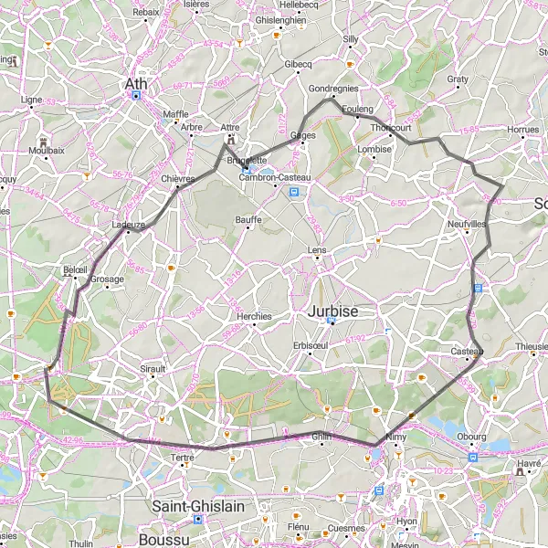 Map miniature of "Challenging Road Cycling Loop near Stambruges" cycling inspiration in Prov. Hainaut, Belgium. Generated by Tarmacs.app cycling route planner