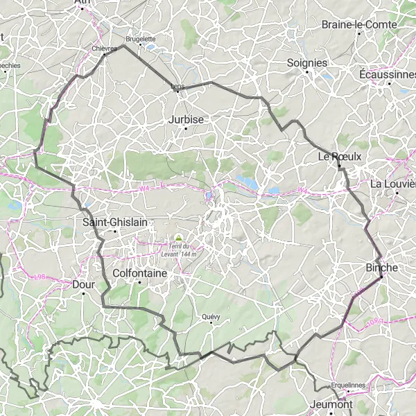 Miniatuurkaart van de fietsinspiratie "Rondrit vanuit Stambruges via Chièvres en Hautrage" in Prov. Hainaut, Belgium. Gemaakt door de Tarmacs.app fietsrouteplanner