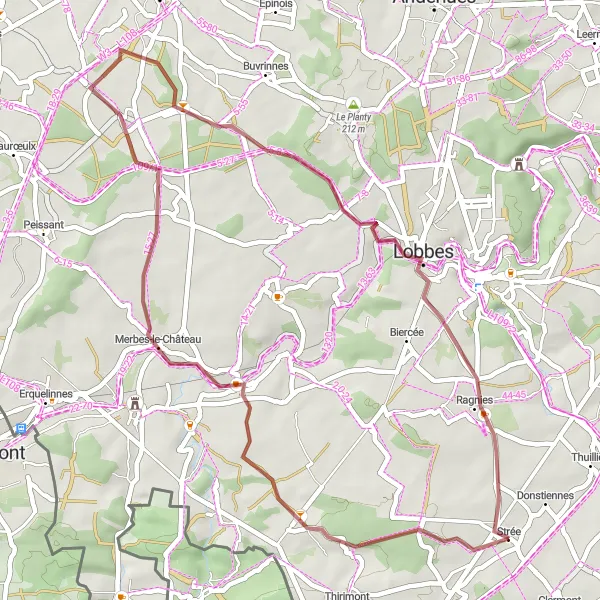 Miniature de la carte de l'inspiration cycliste "Le Circuit Gravel de Lobbes" dans la Prov. Hainaut, Belgium. Générée par le planificateur d'itinéraire cycliste Tarmacs.app