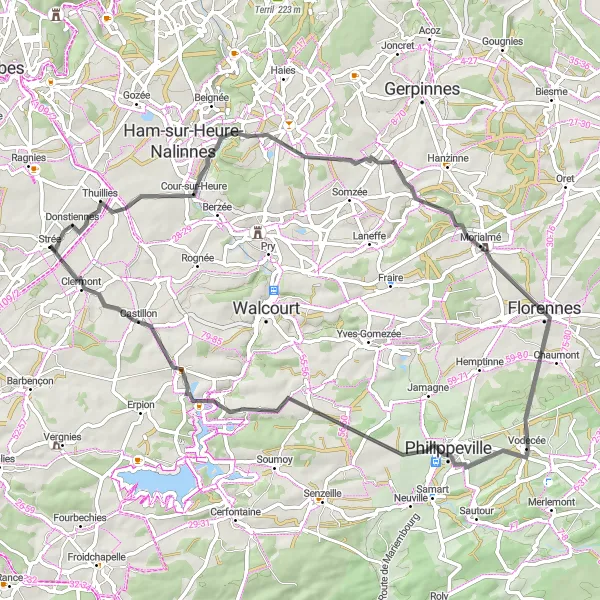 Miniature de la carte de l'inspiration cycliste "Les collines de Strée" dans la Prov. Hainaut, Belgium. Générée par le planificateur d'itinéraire cycliste Tarmacs.app