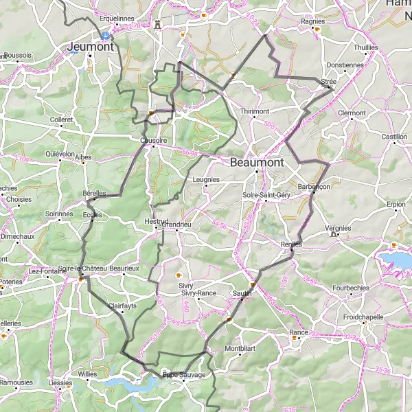Miniature de la carte de l'inspiration cycliste "Le Tour des Villages Authentiques" dans la Prov. Hainaut, Belgium. Générée par le planificateur d'itinéraire cycliste Tarmacs.app