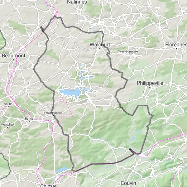 Karten-Miniaturansicht der Radinspiration "Hainaut Hügel und Dörfer" in Prov. Hainaut, Belgium. Erstellt vom Tarmacs.app-Routenplaner für Radtouren