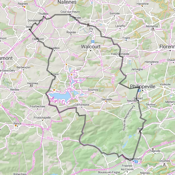 Miniature de la carte de l'inspiration cycliste "Le Tour des Châteaux" dans la Prov. Hainaut, Belgium. Générée par le planificateur d'itinéraire cycliste Tarmacs.app