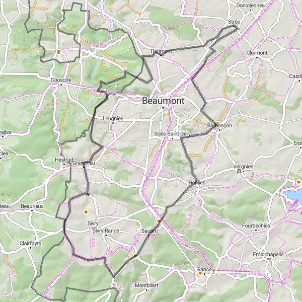 Map miniature of "Renlies Route" cycling inspiration in Prov. Hainaut, Belgium. Generated by Tarmacs.app cycling route planner