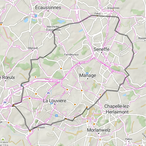 Map miniature of "Charm of Feluy and Terril du Quesnoy Experience" cycling inspiration in Prov. Hainaut, Belgium. Generated by Tarmacs.app cycling route planner