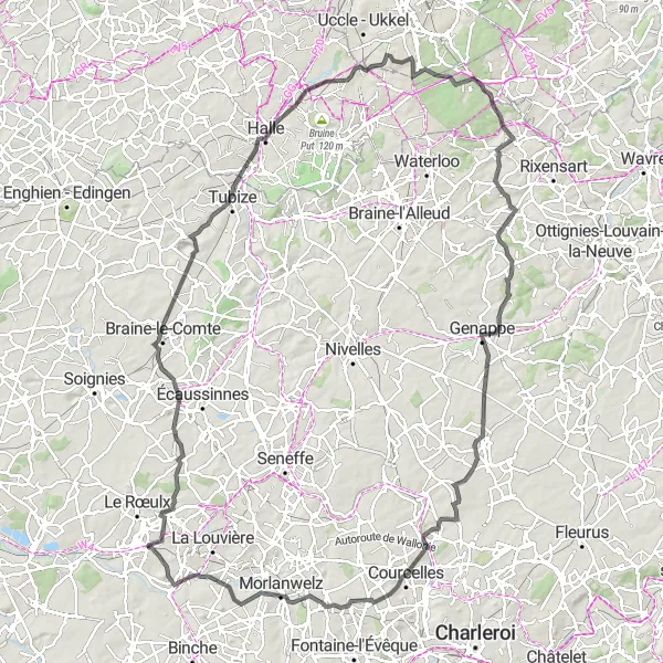 Miniatuurkaart van de fietsinspiratie "Uitdagende wegfietsroute door Hainaut" in Prov. Hainaut, Belgium. Gemaakt door de Tarmacs.app fietsrouteplanner