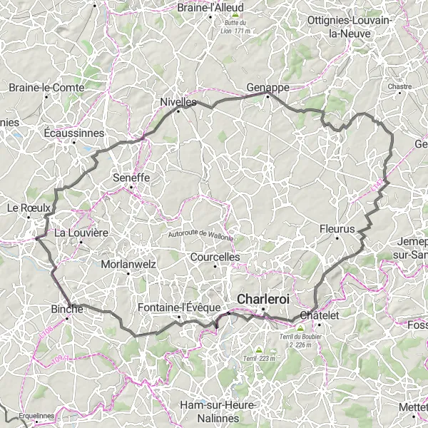 Map miniature of "Feluy to Mongaveau Road Cycling Adventure" cycling inspiration in Prov. Hainaut, Belgium. Generated by Tarmacs.app cycling route planner