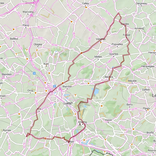 Miniature de la carte de l'inspiration cycliste "Parcours gravel Tournai - Wez-Velvain" dans la Prov. Hainaut, Belgium. Générée par le planificateur d'itinéraire cycliste Tarmacs.app