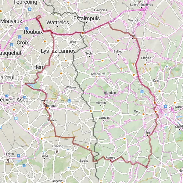 Karten-Miniaturansicht der Radinspiration "Graveltour von Taintignies nach Pecq" in Prov. Hainaut, Belgium. Erstellt vom Tarmacs.app-Routenplaner für Radtouren