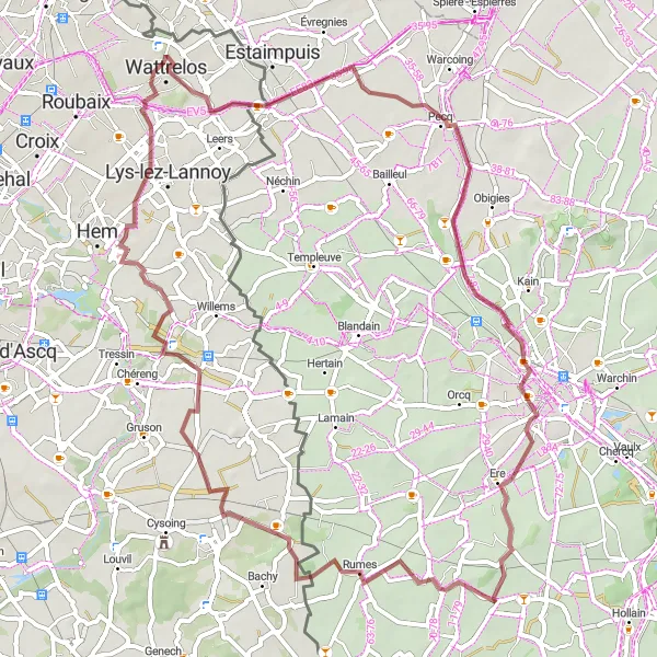 Map miniature of "Rumes and Beyond" cycling inspiration in Prov. Hainaut, Belgium. Generated by Tarmacs.app cycling route planner