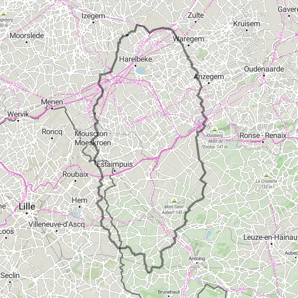 Miniature de la carte de l'inspiration cycliste "Les collines de Hainaut et la vallée de la Lys" dans la Prov. Hainaut, Belgium. Générée par le planificateur d'itinéraire cycliste Tarmacs.app