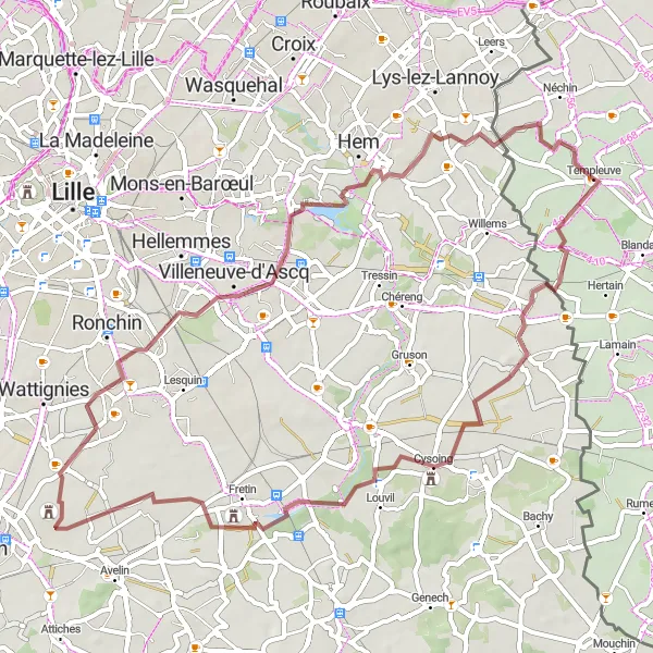 Miniature de la carte de l'inspiration cycliste "Circuit de Gravel du Pays Pévèle" dans la Prov. Hainaut, Belgium. Générée par le planificateur d'itinéraire cycliste Tarmacs.app
