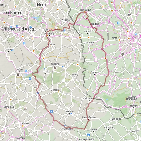 Miniature de la carte de l'inspiration cycliste "Boucle de Gravel des Collines Pévéloises" dans la Prov. Hainaut, Belgium. Générée par le planificateur d'itinéraire cycliste Tarmacs.app