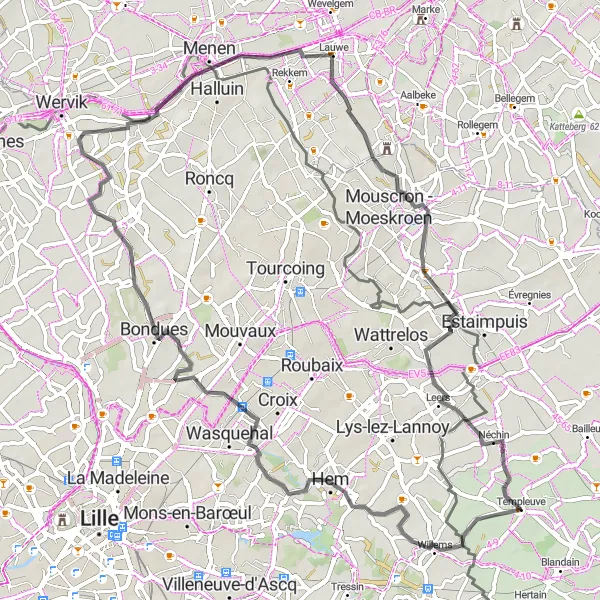 Map miniature of "Templeuve-upon-Humont Loop" cycling inspiration in Prov. Hainaut, Belgium. Generated by Tarmacs.app cycling route planner