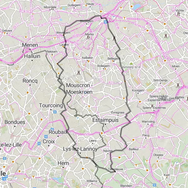 Karten-Miniaturansicht der Radinspiration "Road-Tour durch Paradijs und Kortrijk" in Prov. Hainaut, Belgium. Erstellt vom Tarmacs.app-Routenplaner für Radtouren