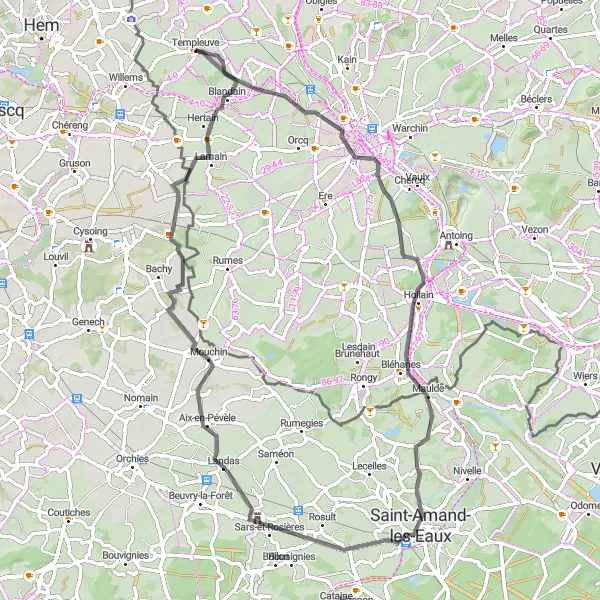 Miniature de la carte de l'inspiration cycliste "Parcours Route du Pays Pévèle" dans la Prov. Hainaut, Belgium. Générée par le planificateur d'itinéraire cycliste Tarmacs.app
