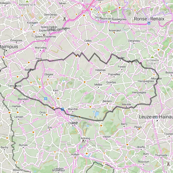 Karten-Miniaturansicht der Radinspiration "Hügelige Straßen von Templeuve nach Bailleul" in Prov. Hainaut, Belgium. Erstellt vom Tarmacs.app-Routenplaner für Radtouren