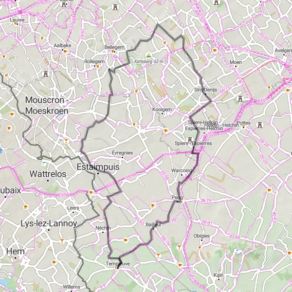 Miniatuurkaart van de fietsinspiratie "Historische weg naar Templeuve" in Prov. Hainaut, Belgium. Gemaakt door de Tarmacs.app fietsrouteplanner