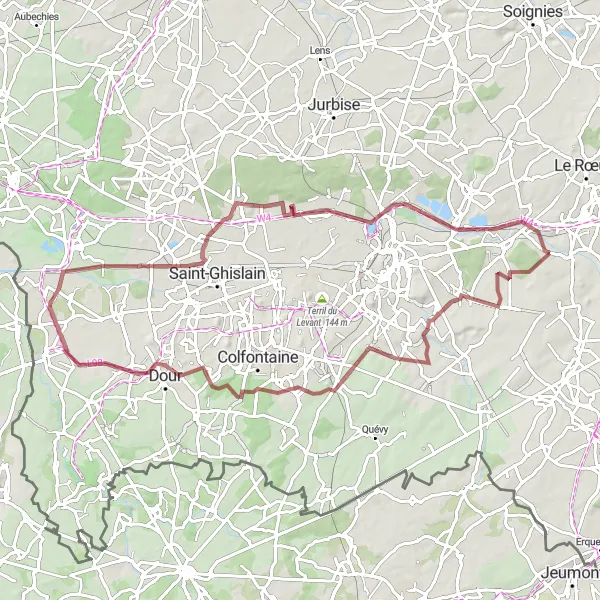 Miniatuurkaart van de fietsinspiratie "Avontuurlijke graveltocht in Hainaut" in Prov. Hainaut, Belgium. Gemaakt door de Tarmacs.app fietsrouteplanner