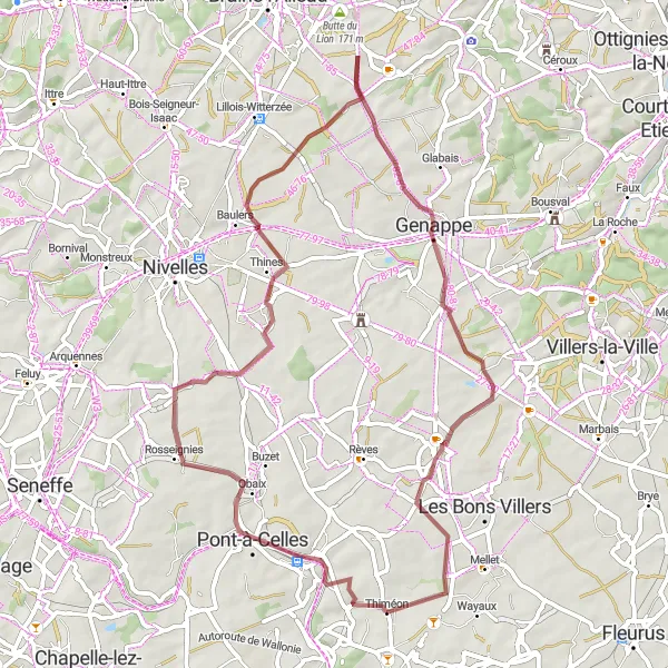 Map miniature of "Scenic Gravel Loop: Thiméon to Genappe" cycling inspiration in Prov. Hainaut, Belgium. Generated by Tarmacs.app cycling route planner