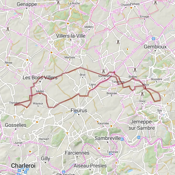 Miniatuurkaart van de fietsinspiratie "Gravelroute rond Thiméon via Mellet en Villeret" in Prov. Hainaut, Belgium. Gemaakt door de Tarmacs.app fietsrouteplanner