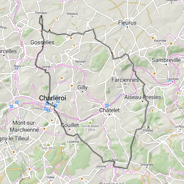 Map miniature of "Thiméon Countryside Road Loop" cycling inspiration in Prov. Hainaut, Belgium. Generated by Tarmacs.app cycling route planner