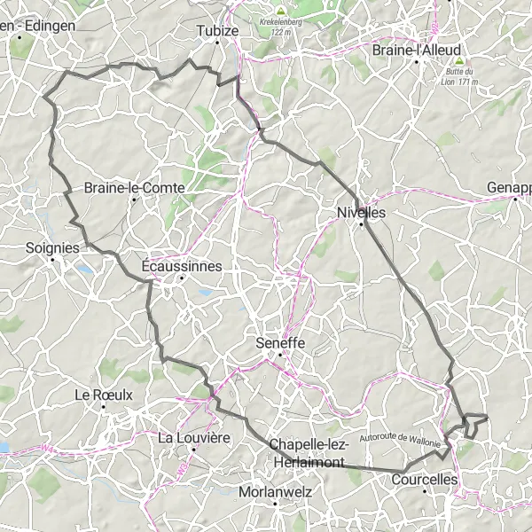 Karten-Miniaturansicht der Radinspiration "Radtour durch Viesville und Nivelles" in Prov. Hainaut, Belgium. Erstellt vom Tarmacs.app-Routenplaner für Radtouren