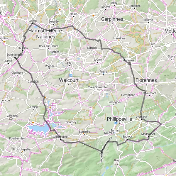 Miniatuurkaart van de fietsinspiratie "Schilderachtige weg van Thuillies naar Donstiennes" in Prov. Hainaut, Belgium. Gemaakt door de Tarmacs.app fietsrouteplanner