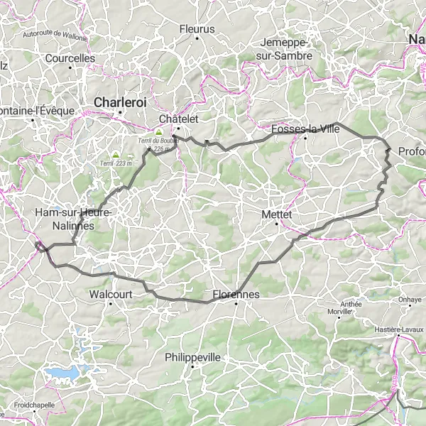 Miniatuurkaart van de fietsinspiratie "Wegroutes rond Thuillies" in Prov. Hainaut, Belgium. Gemaakt door de Tarmacs.app fietsrouteplanner