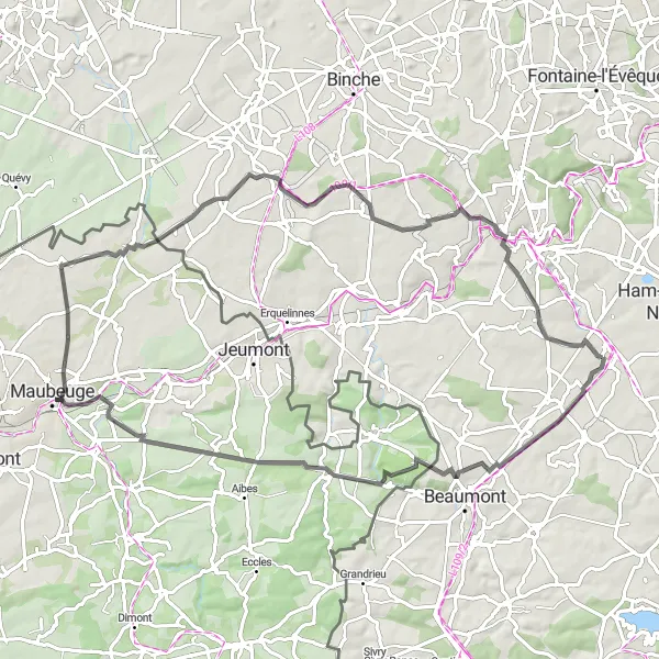 Miniature de la carte de l'inspiration cycliste "Boucle à Vélo sur les Routes de Thuillies" dans la Prov. Hainaut, Belgium. Générée par le planificateur d'itinéraire cycliste Tarmacs.app