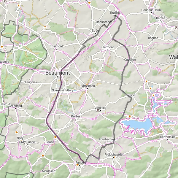 Miniatuurkaart van de fietsinspiratie "Rondrit Thuillies - Castillon - Fourbechies - Beaumont - Donstiennes" in Prov. Hainaut, Belgium. Gemaakt door de Tarmacs.app fietsrouteplanner