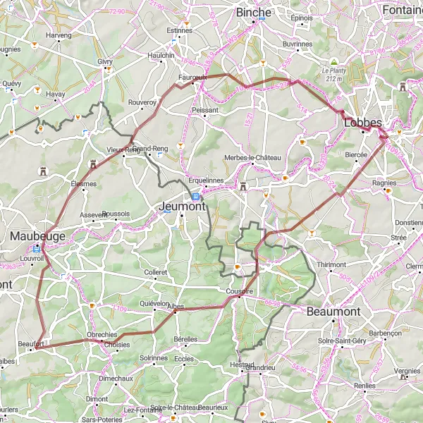 Miniatuurkaart van de fietsinspiratie "Avontuurlijke gravelroute door het platteland van Hainaut" in Prov. Hainaut, Belgium. Gemaakt door de Tarmacs.app fietsrouteplanner