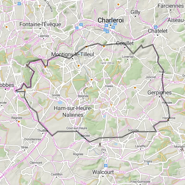 Karten-Miniaturansicht der Radinspiration "Rundfahrt von Thuin nach Montigny-le-Tilleul" in Prov. Hainaut, Belgium. Erstellt vom Tarmacs.app-Routenplaner für Radtouren