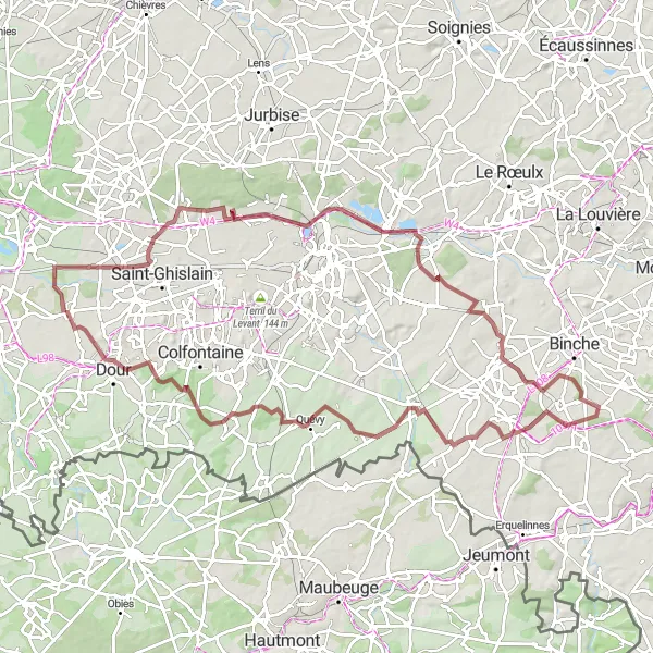 Miniature de la carte de l'inspiration cycliste "Les collines de Thulin" dans la Prov. Hainaut, Belgium. Générée par le planificateur d'itinéraire cycliste Tarmacs.app