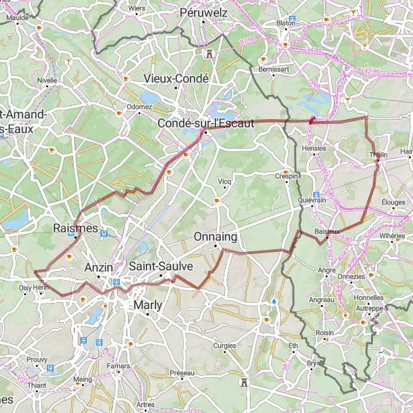 Map miniature of "Gravel Route through Thulin" cycling inspiration in Prov. Hainaut, Belgium. Generated by Tarmacs.app cycling route planner