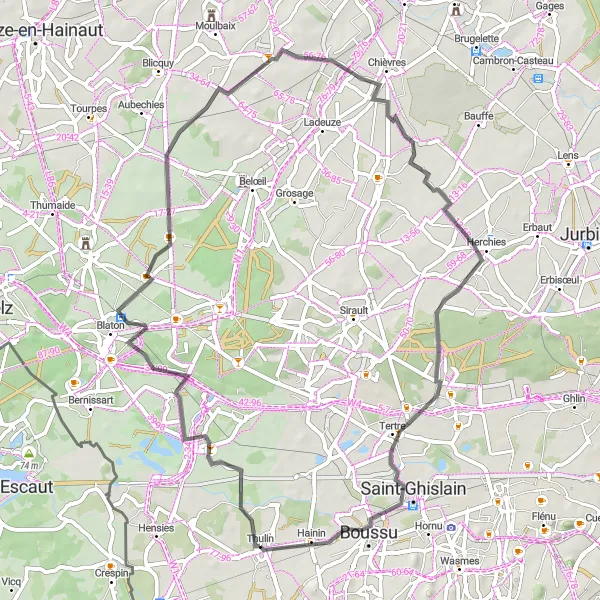 Map miniature of "Road Cycling Route through Thulin" cycling inspiration in Prov. Hainaut, Belgium. Generated by Tarmacs.app cycling route planner