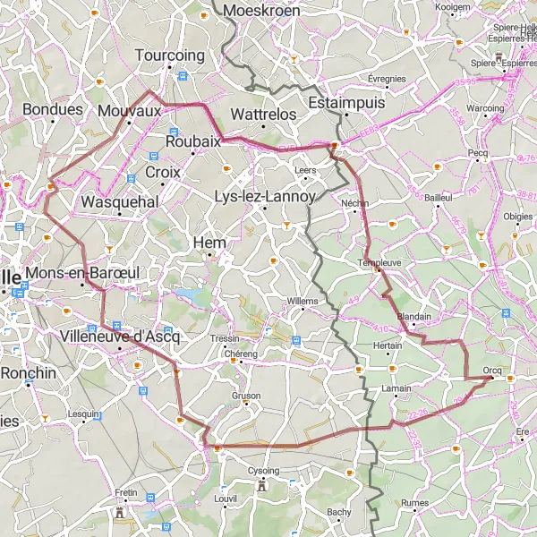 Karten-Miniaturansicht der Radinspiration "Gravel-Entdeckungstour durch Blandain und Leers-Nord" in Prov. Hainaut, Belgium. Erstellt vom Tarmacs.app-Routenplaner für Radtouren